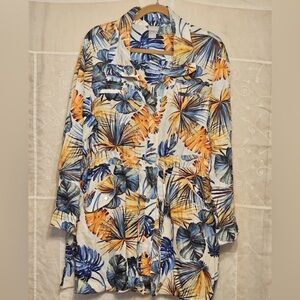 CHICO’S Dress HAWAIIAN  floral Linen Snap up Pocket Drawstring w/ Slits XL size